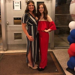 Amazing 70s style off the shoulder red jumpsuit